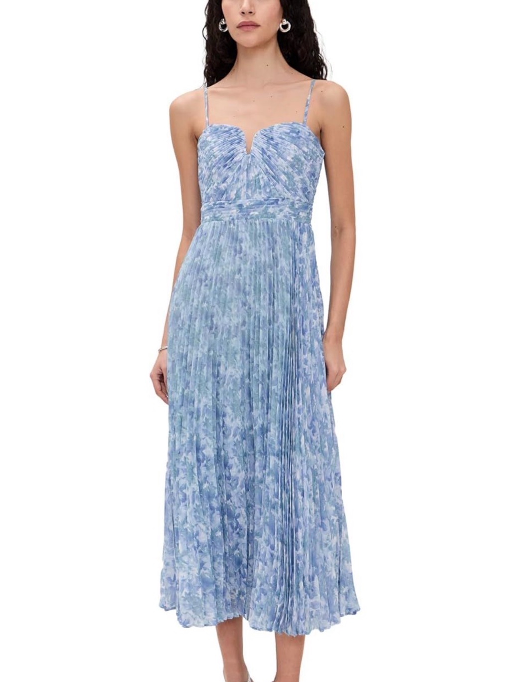 Astr Light Blue Floral Pleated Bayley Midi Dress With Notch Sweetheart Bodice